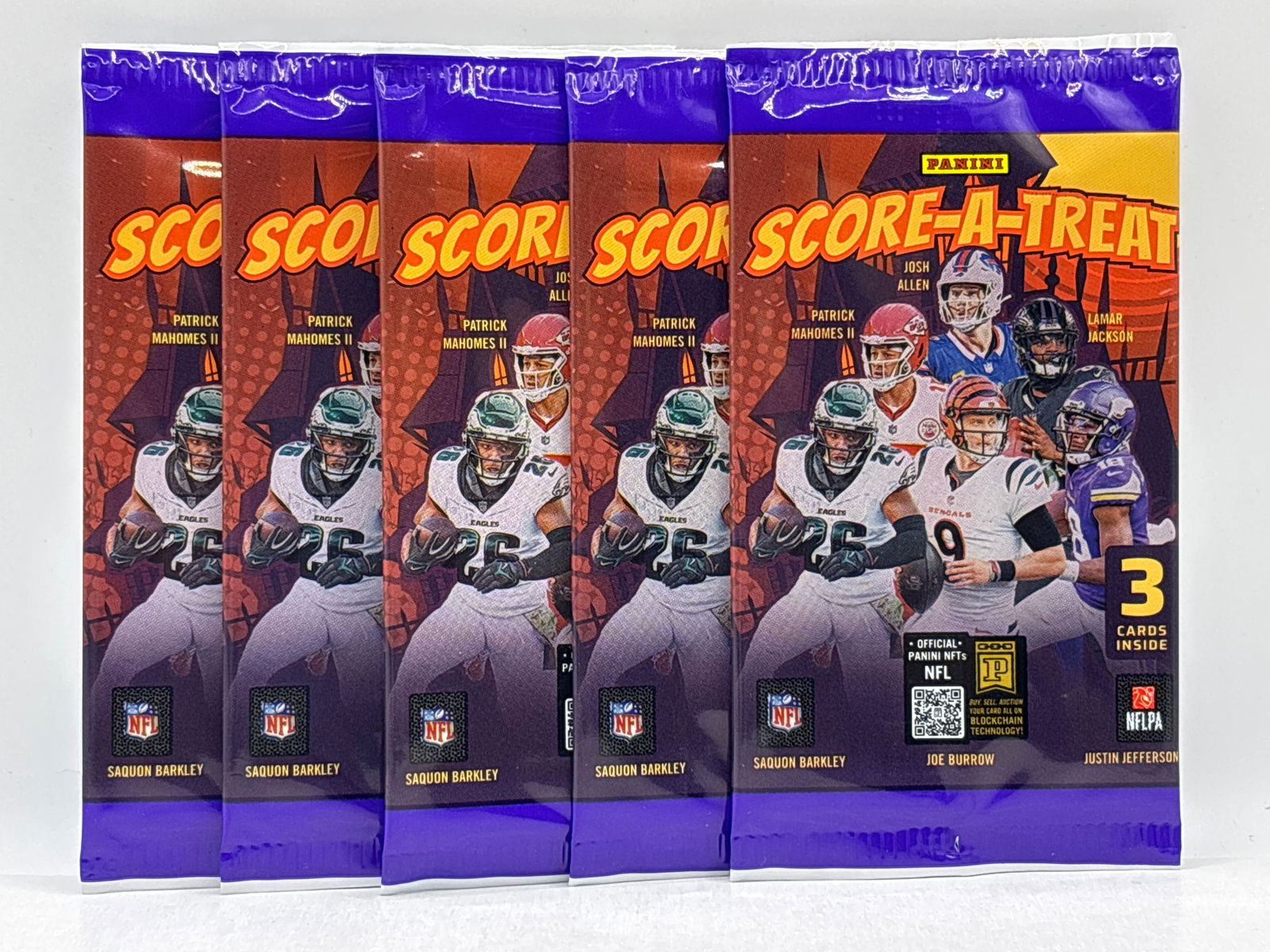 5 PACK OF 2025 PANINI SCORE-A-TREAT NFL FOOTBALL CARD PACKS LOT: THE HOBBY BOX