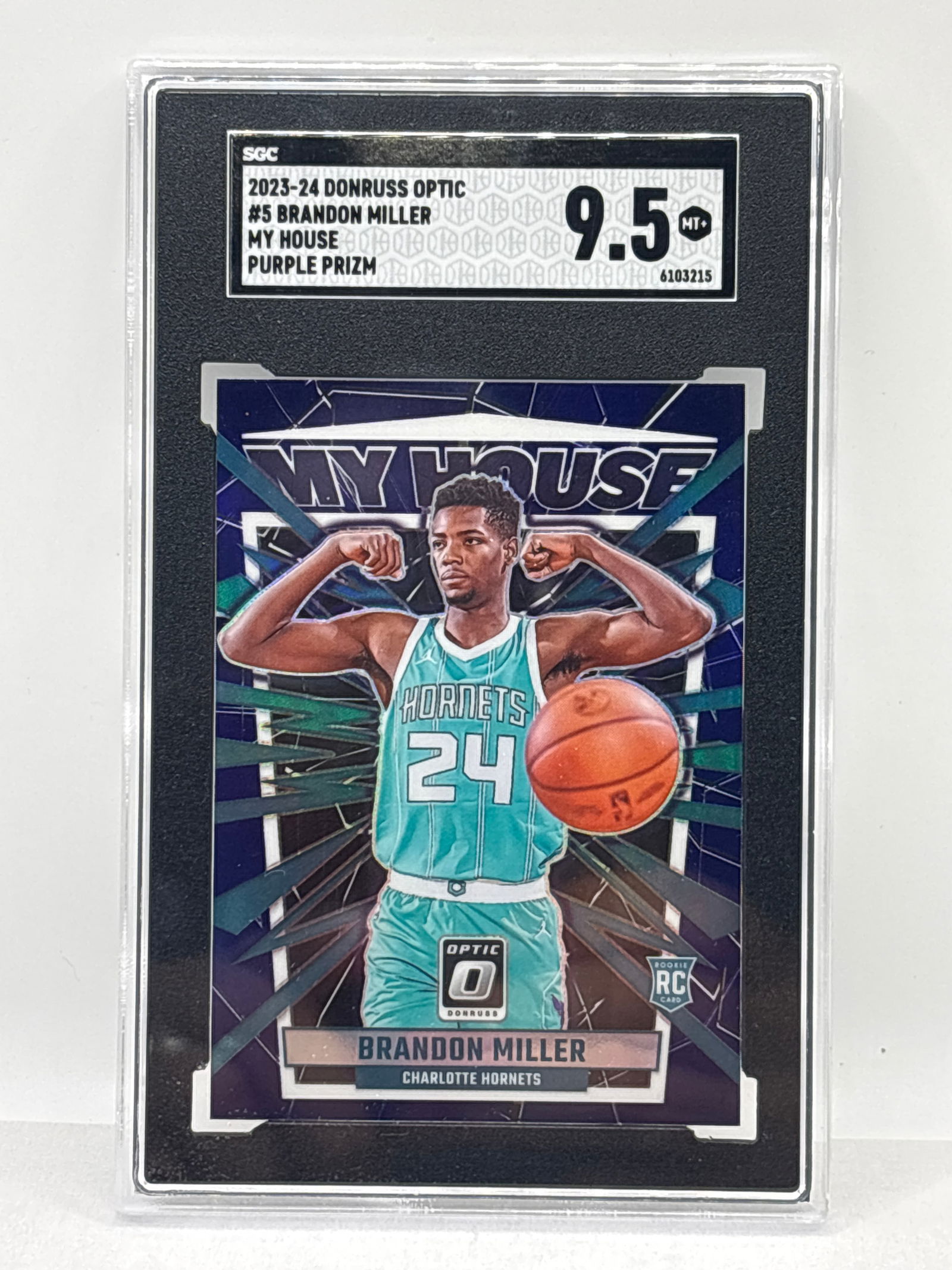 2023-24 PANINI DONRUSS OPTIC BRANDON MILLER MY HOUSE PURPLE PRIZM HOLO RC GRADED MINT+ 9.5: THE HOBBY BOX