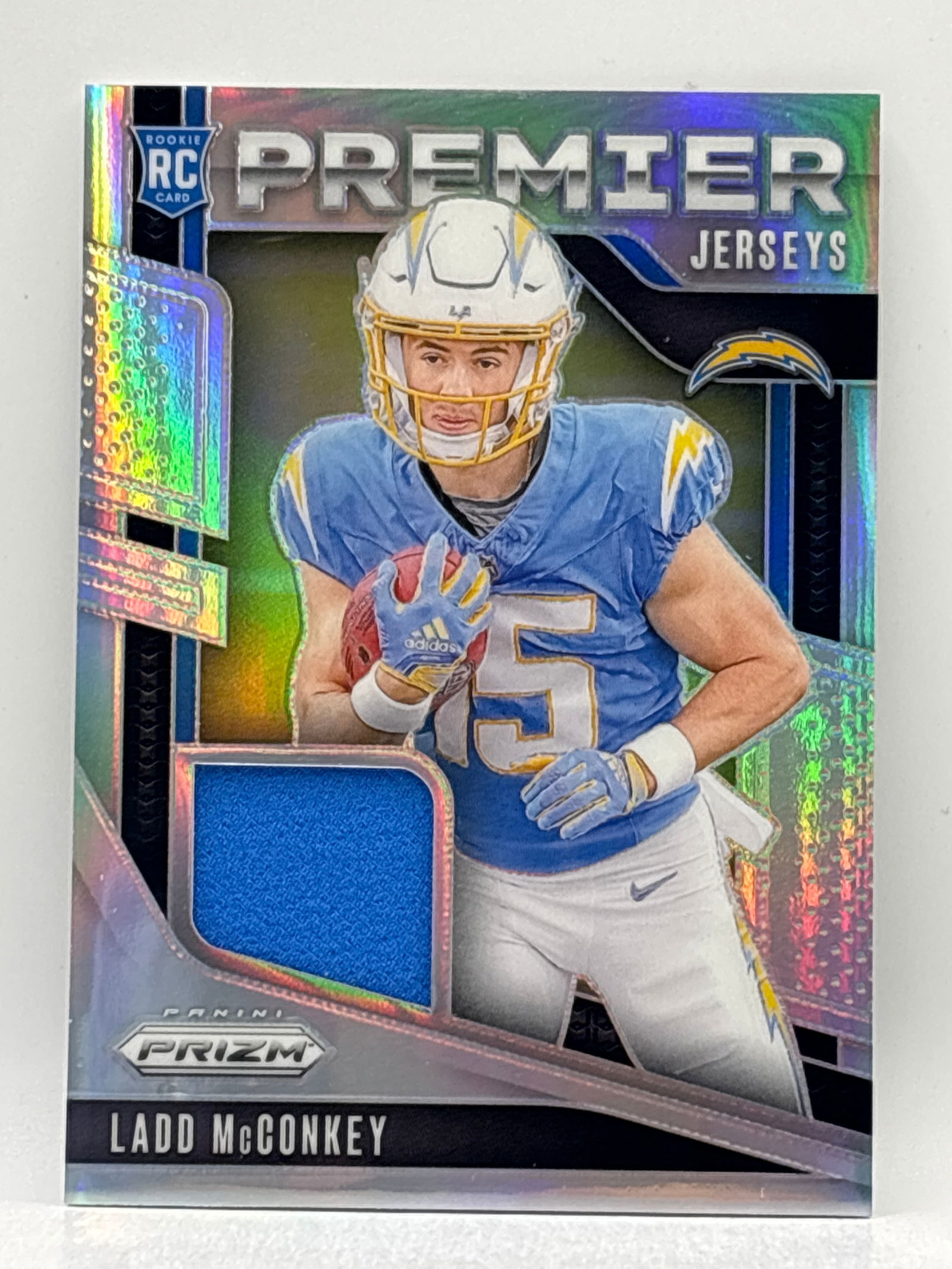 2024 PANINI PRIZM LADD MCCONKEY SILVER PRIZM HOLO PREMIER JERSEYS MEMORABILIA PATCH: THE HOBBY BOX