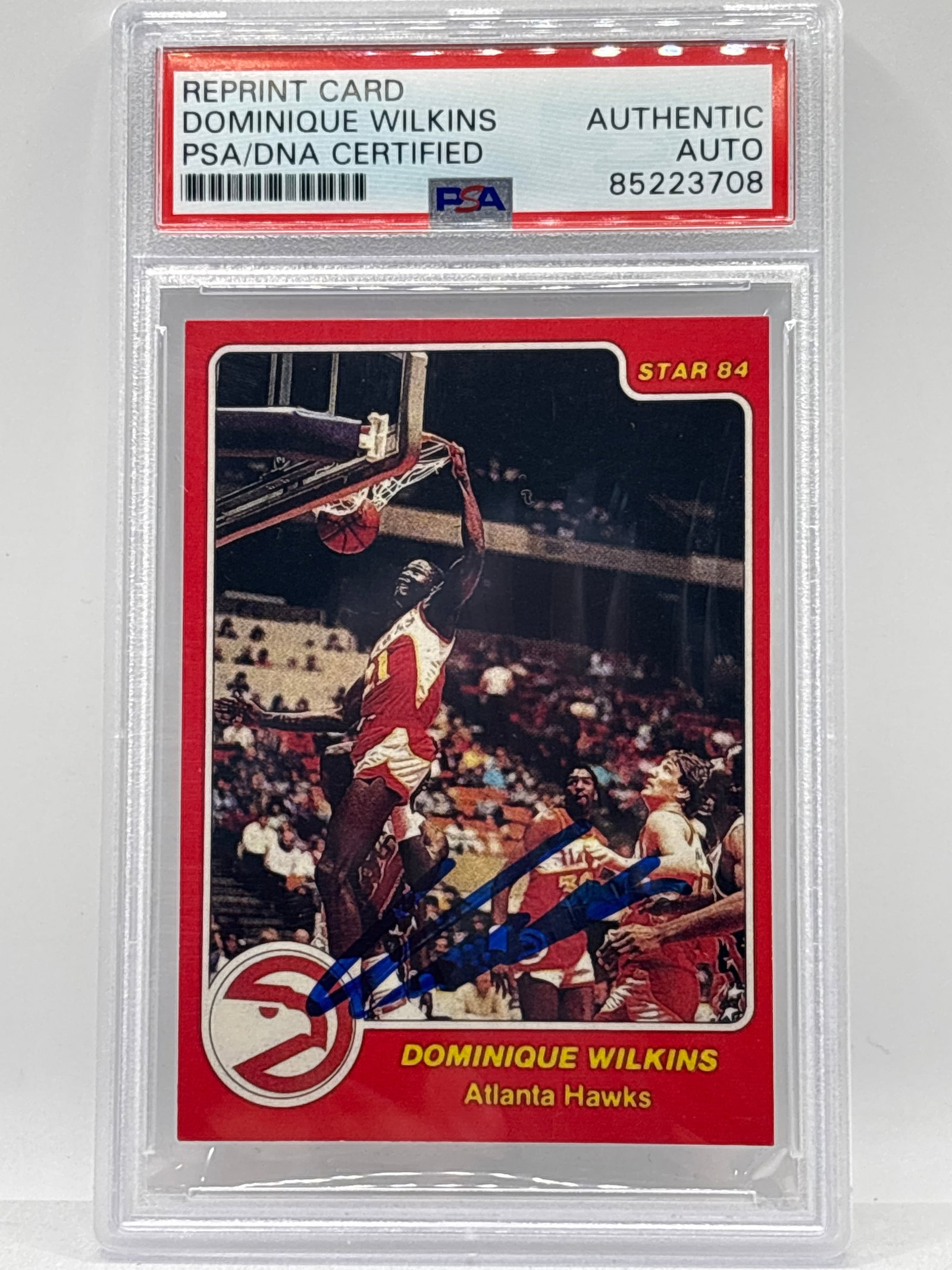 DOMINIQUE WILKINS AUTHENTIC CERTIFIED ON-CARD AUTOGRAPHED RED STAR 84 ROOKIE REPRINT CARD: THE HOBBY BOX