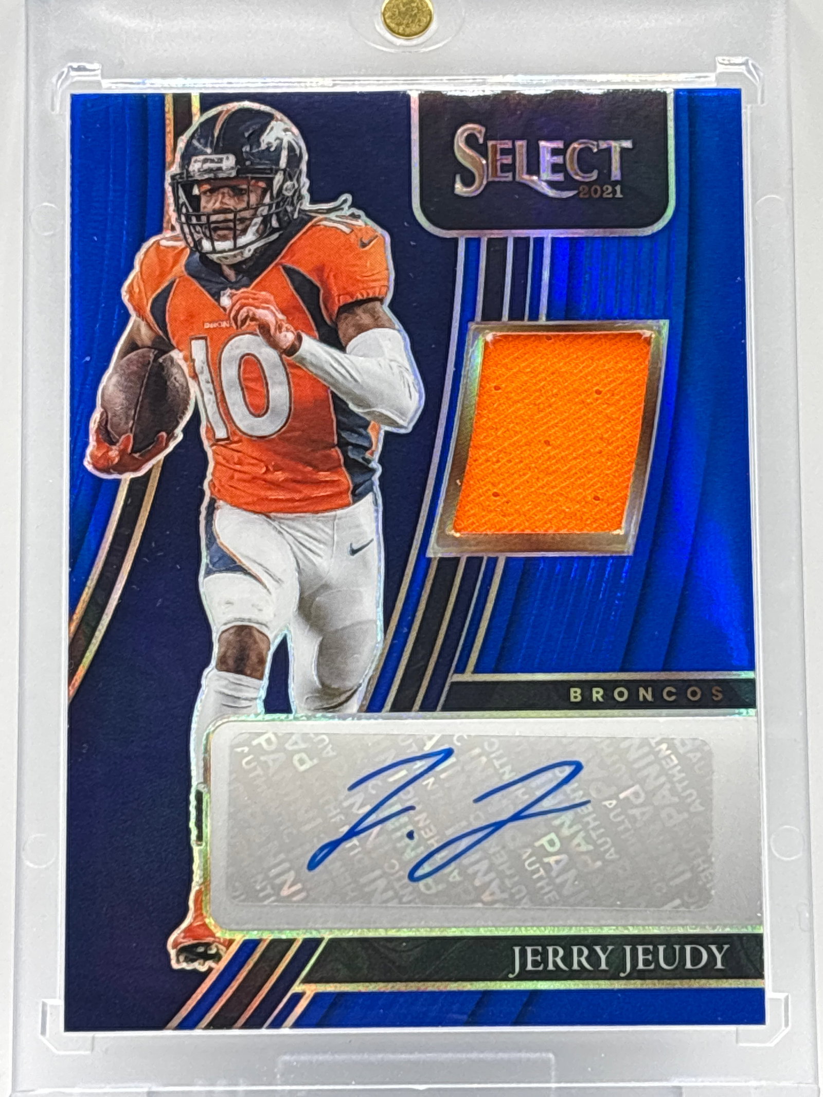 /60 2021 PANINI SELECT JERRY JEUDY AUTOGRAPHED BLUE PRIZM HOLO MEM PATCH: THE HOBBY BOX