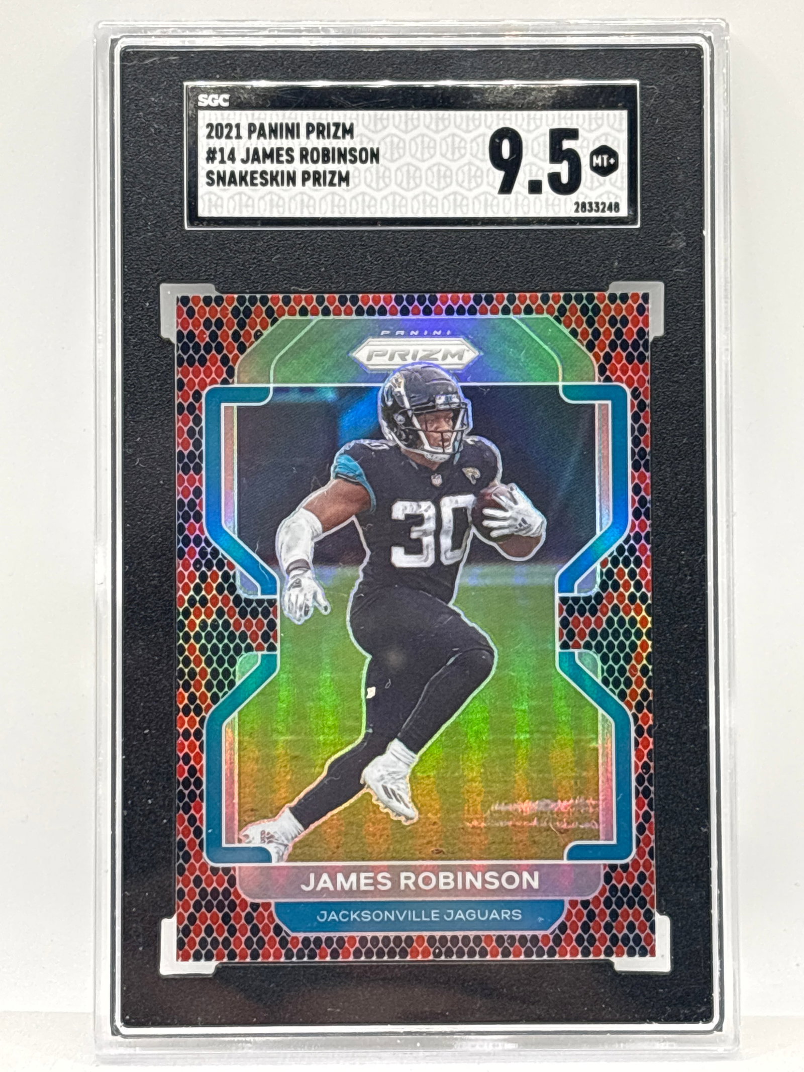 CASE HIT 2021 PANINI PRIZM JAMES ROBINSON SNAKESKIN PRIZM HOLO SSP GRADED SGC MINT+ 9.5 (1 of 3)