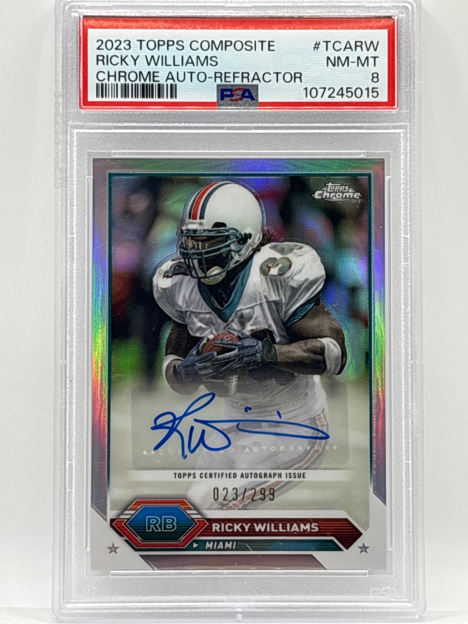 /299 2023 TOPPS COMPOSITE RICKY WILLIAMS CHROME AUTOGRAPHED REFRACTOR GRADED PSA NM-MT 8: THE HOBBY BOX
