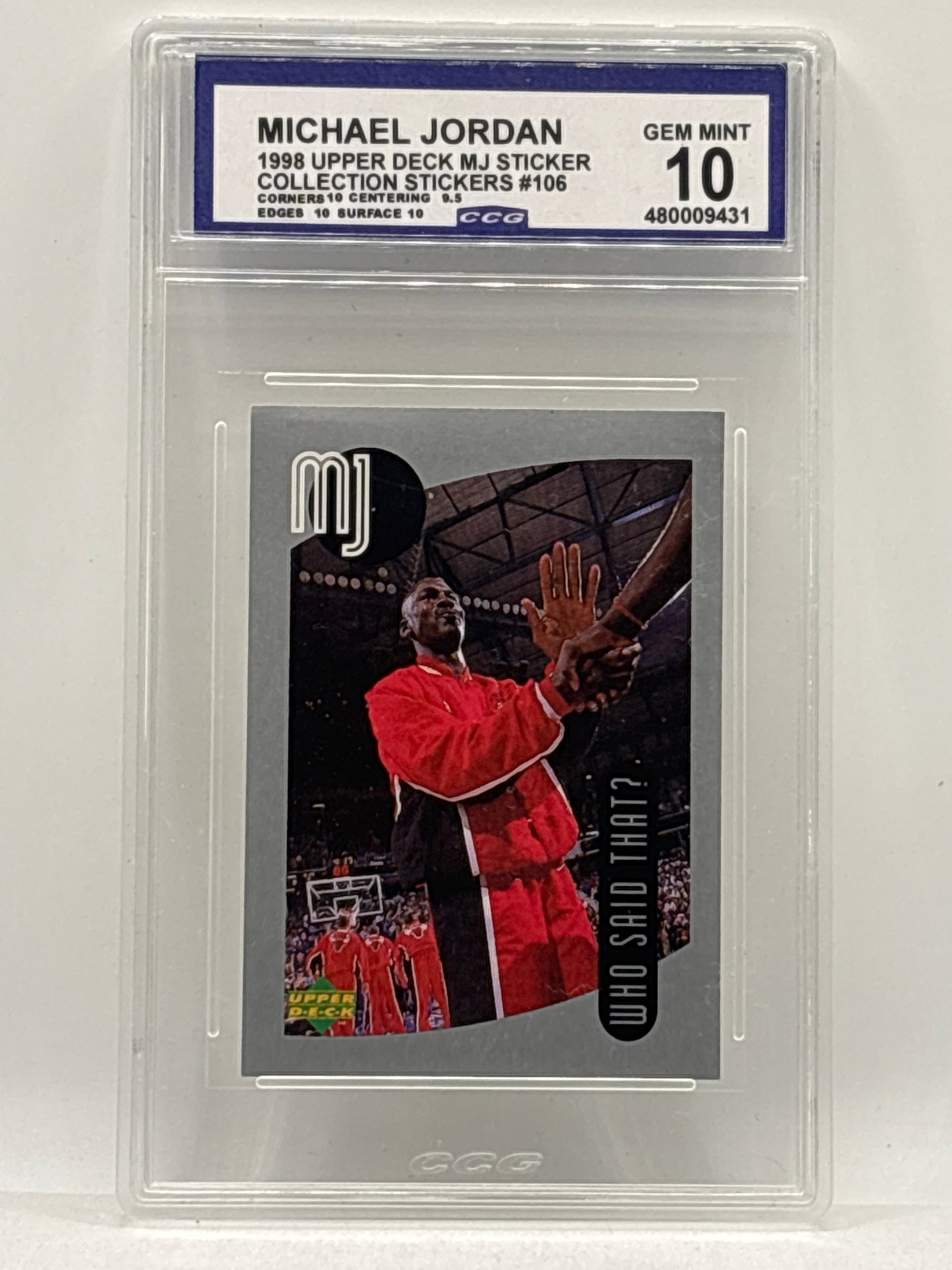 1998 UPPER DECK MJ STICKER COLLECTION MICHAEL JORDAN WHO SAID THAT? GEM MINT 10 (1 of 2)