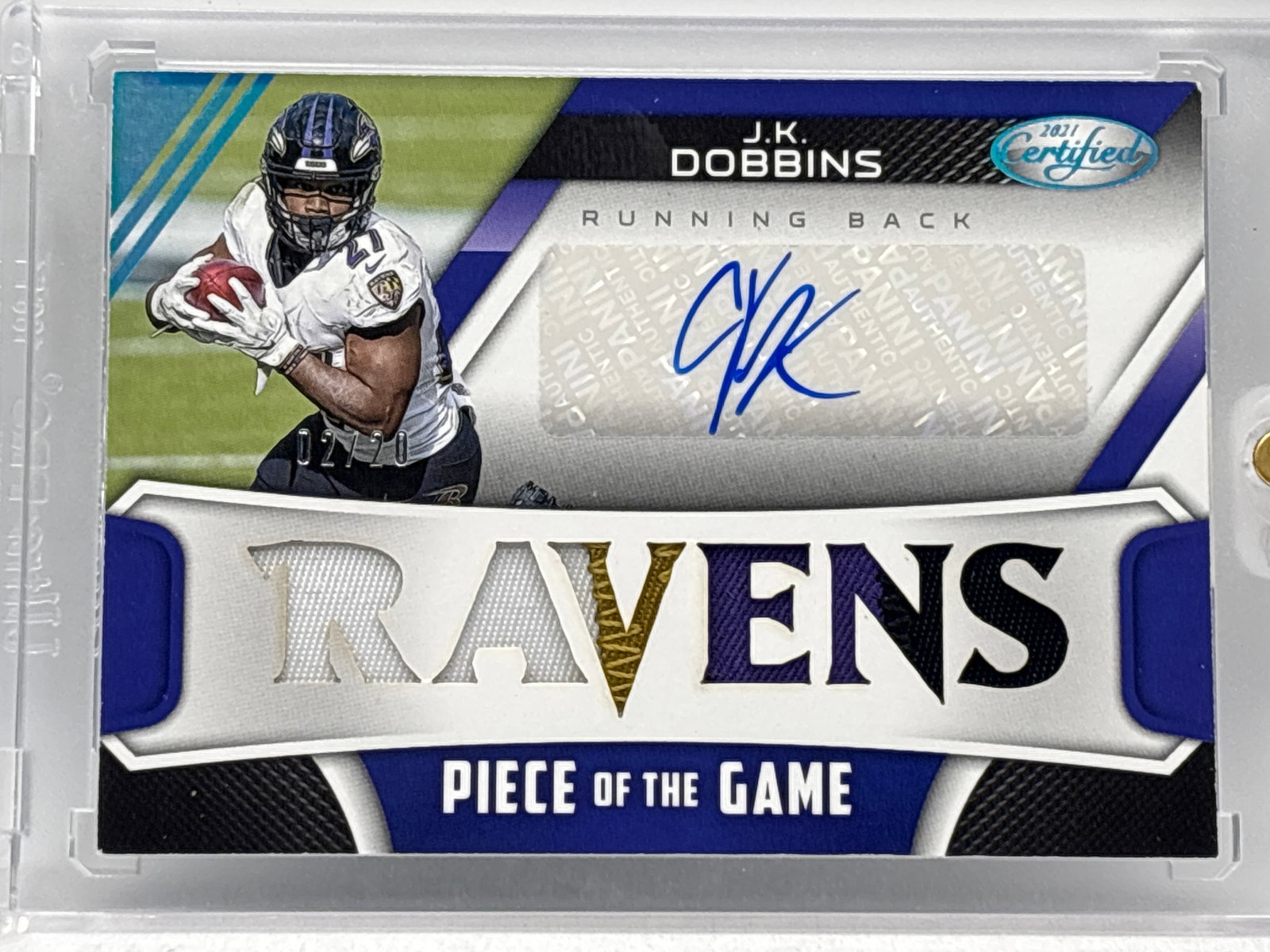 /20 2021 PANINI CERTIFIED JK DOBBINS PIECE OF THE GAME AUTOGRAPHED 4-COLOR PATCH: THE HOBBY BOX -CHOOSE ARANGE MY OWN SHIPPING WHEN YOU GET YOUR INVOICE FOR CHEAPER SHIPPING CHARGES
