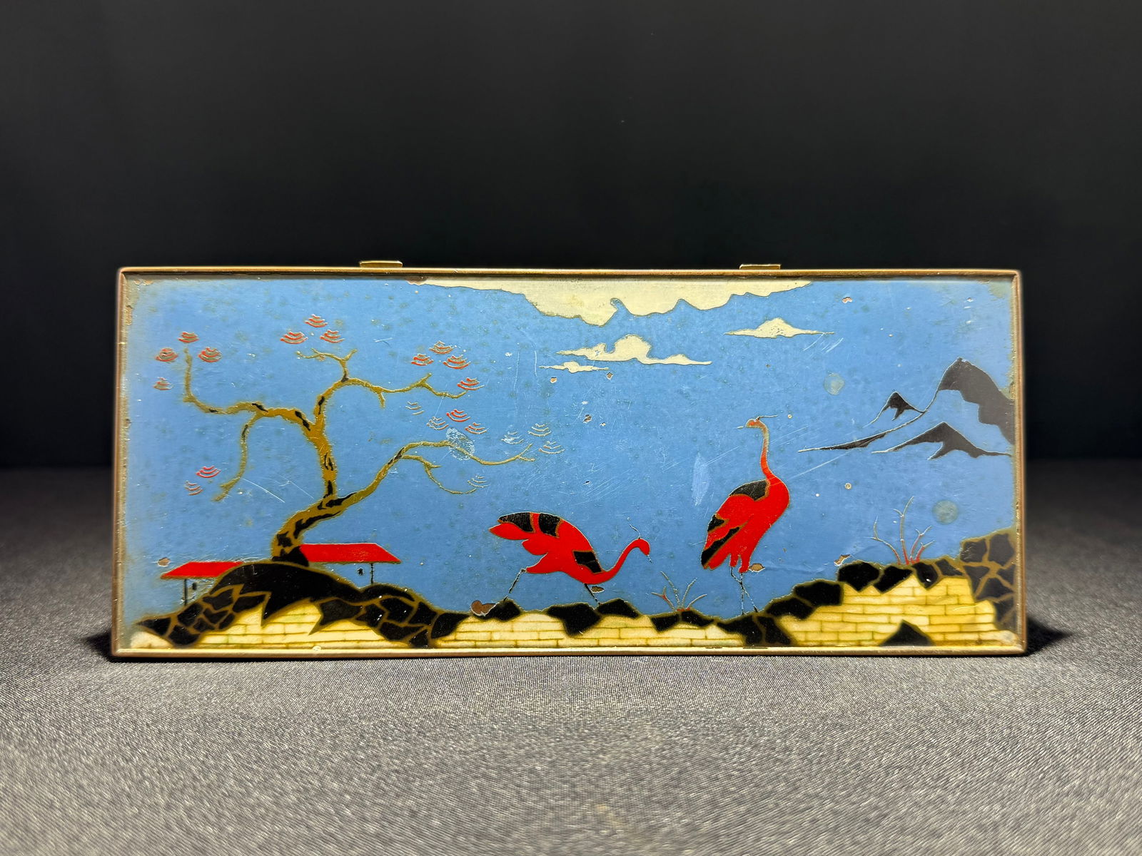 Japanese Art Deco Cigarette Case with Painted Crane Scene, c.1930s (1 of 11)