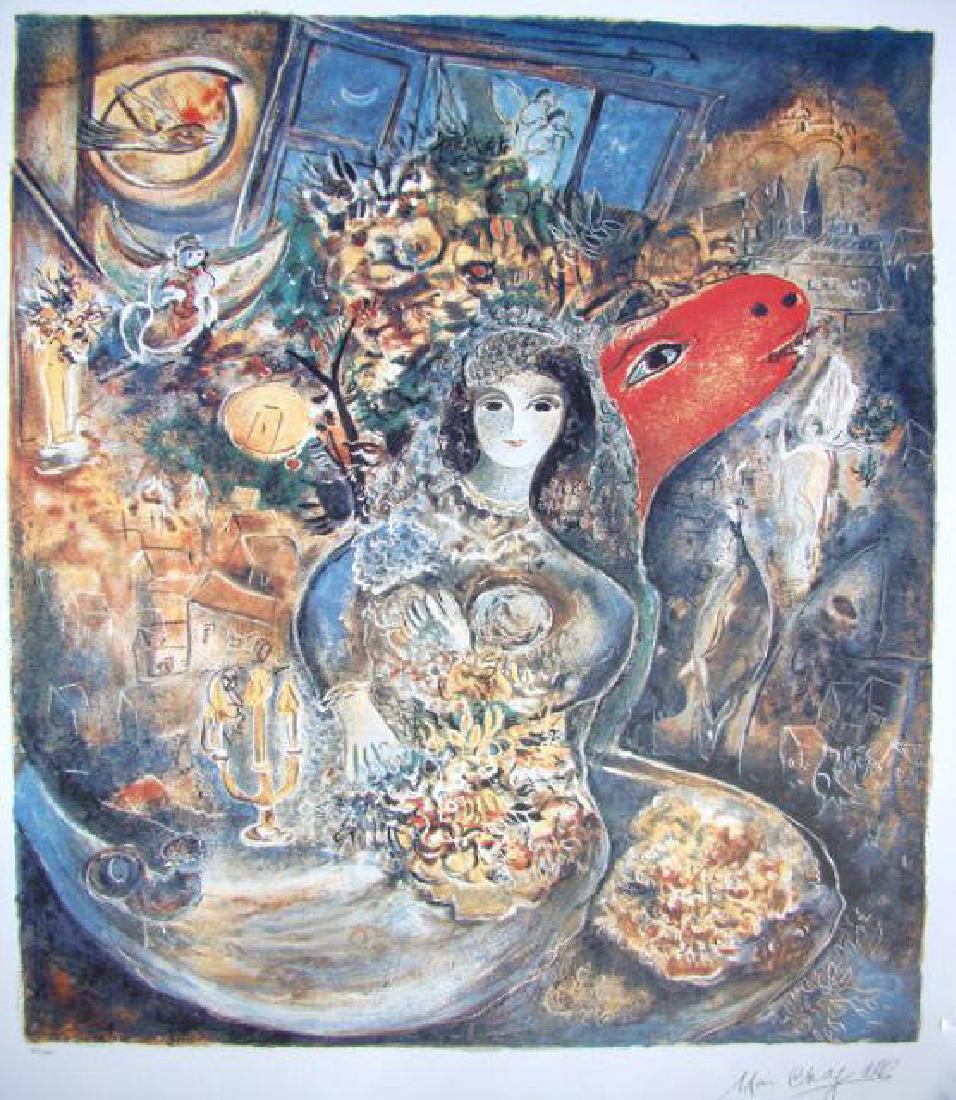 M.CHAGALL Signed Lithograph BELLA: This is a Marc Chagall first edition lithograph titled "Bella".Pencil numbered from a limited edition of 500. Image measures 27 1/2" x 21" on 34" x 23" paper.