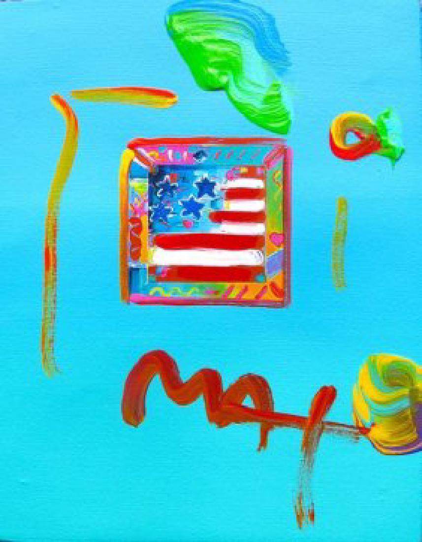 Max FLAG WITH HEARTS Hand Signed Original Mixed Media: This is a Peter Max hand signed mixed media titled "FLAG WITH HEARTS". This piece is hand overpainted by Peter Max with a variation color combination of brushstrokes of his original artwork and hand s