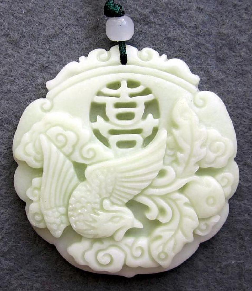 Chinese Jade XI Lucky Phoenix Amulet Pendant: Size: 45mm x 45mm Beautiful phoenix jade amulet pendant, carved with the picture of phoenix and XI-happiness sign. Phoenix is the symbol of grace, peace and prosperity and happiness in Chinese culture