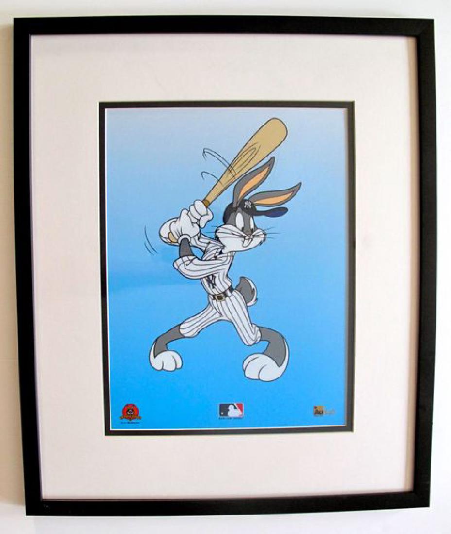 Warner Bros BUGS BUNNY N.Y YANKEES BASEBALL Framed: This is a limited edition framed Sericel of Warner Bros Looney Tunes BUGS BUNNY. This fantastic animation features Bugs pitching a baseball in a New York Yankees uniform. This sericel comes beautifull