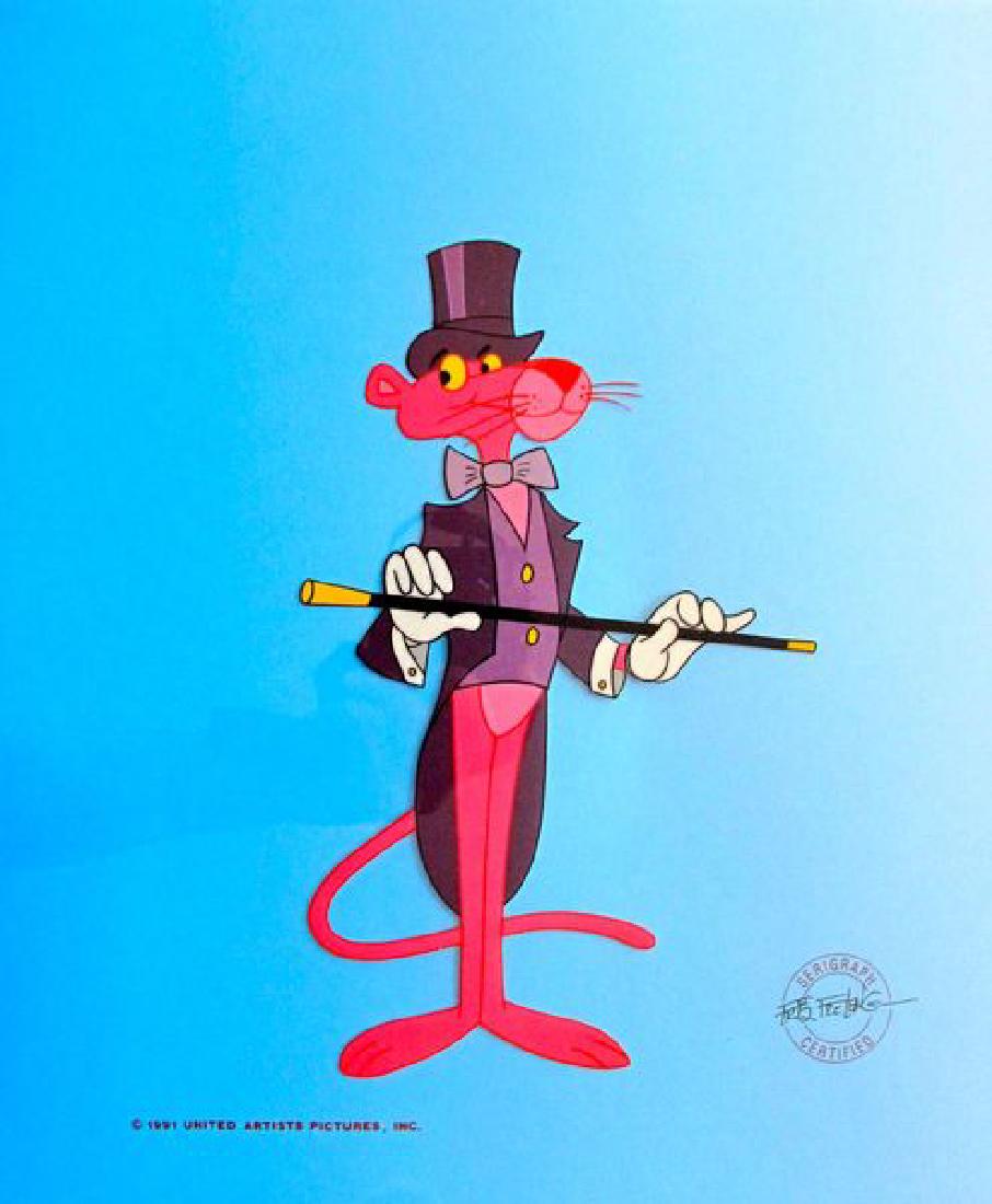 PINK PANTHER TOP HAT AND COAT TAILS Animation Sericel: This is an exquisite Limited Edition Sericel titled "TOP HAT AND COAT TAILS" featuring the Pink Panther. This serigraph cel was created from an actual image used in the original animated series - with