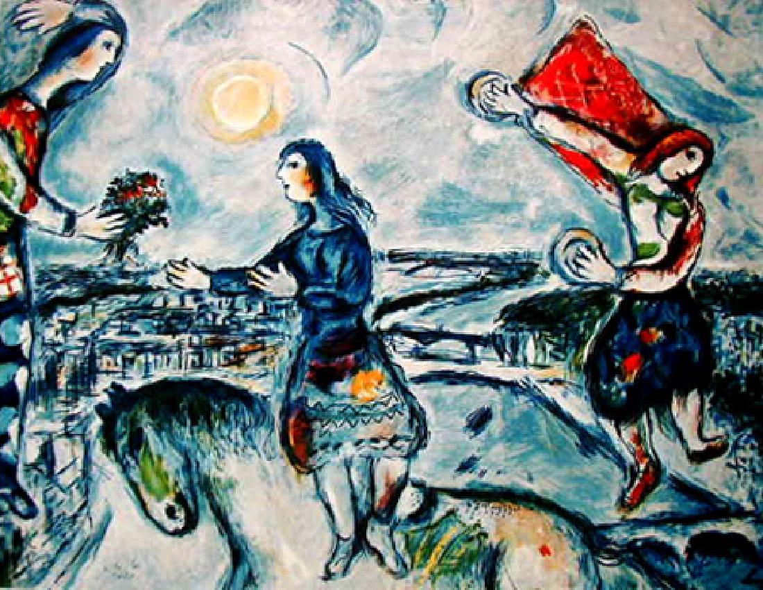 Marc Chagall LOVERS OVER PARIS Ltd Ed. Lithograph: This is a Marc Chagall lithograph titled "LOVERS OVER PARIS". This is facsimile signed and pencil numbered from a limited edition of 500. Image measures 34" x 25" paper. Printed on high quality archiv