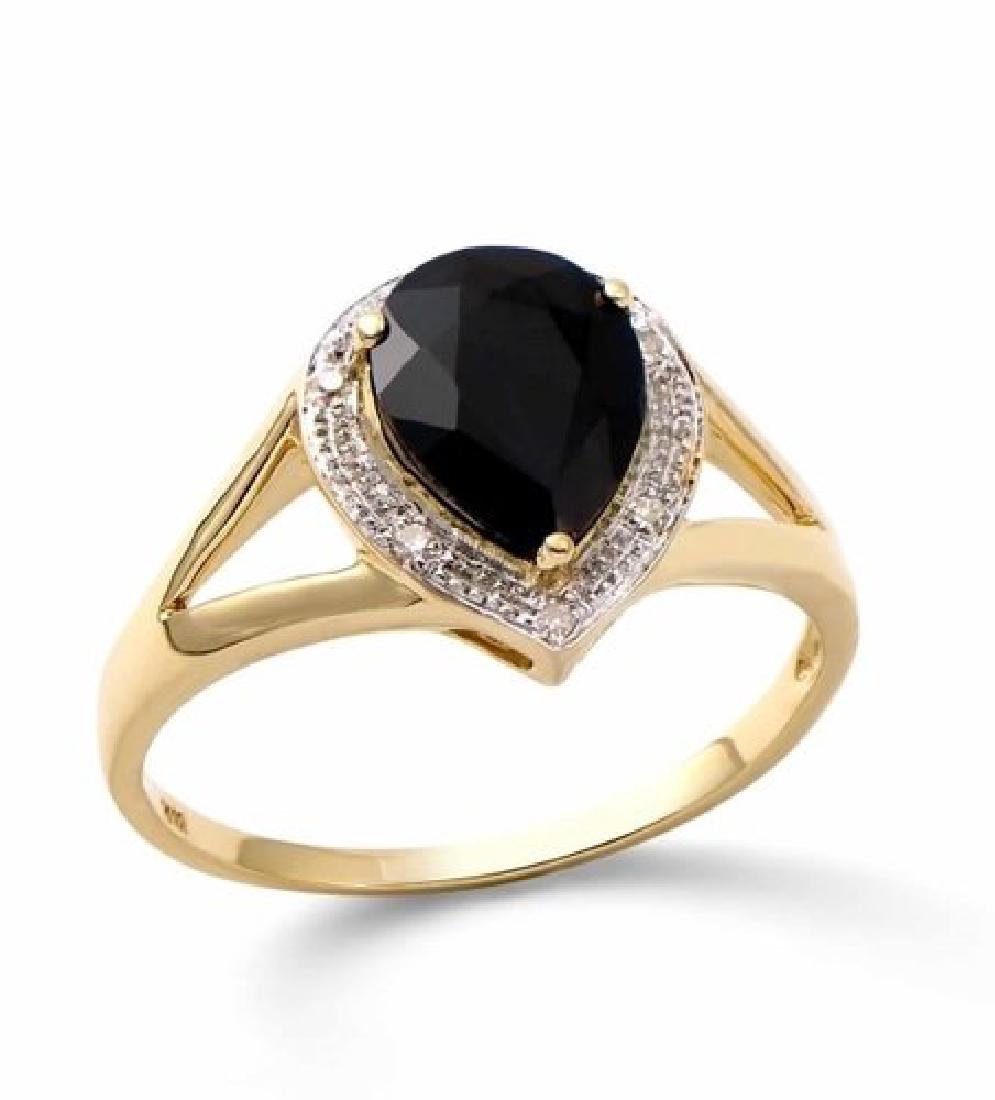 2.63 Cts Certified Sapphire & Diamond Gold Ring $4,571: Main: 2.60 Ct of Pear Shape Black Sapphire 9 x 7 mm quality AAA no treatment.Side: 0.031 Ct round diamonds 1.0 mm , H-I , I2-I3 no treatment.2.32 grams 10K solid yellow gold. Size 7.5. Comes with sign