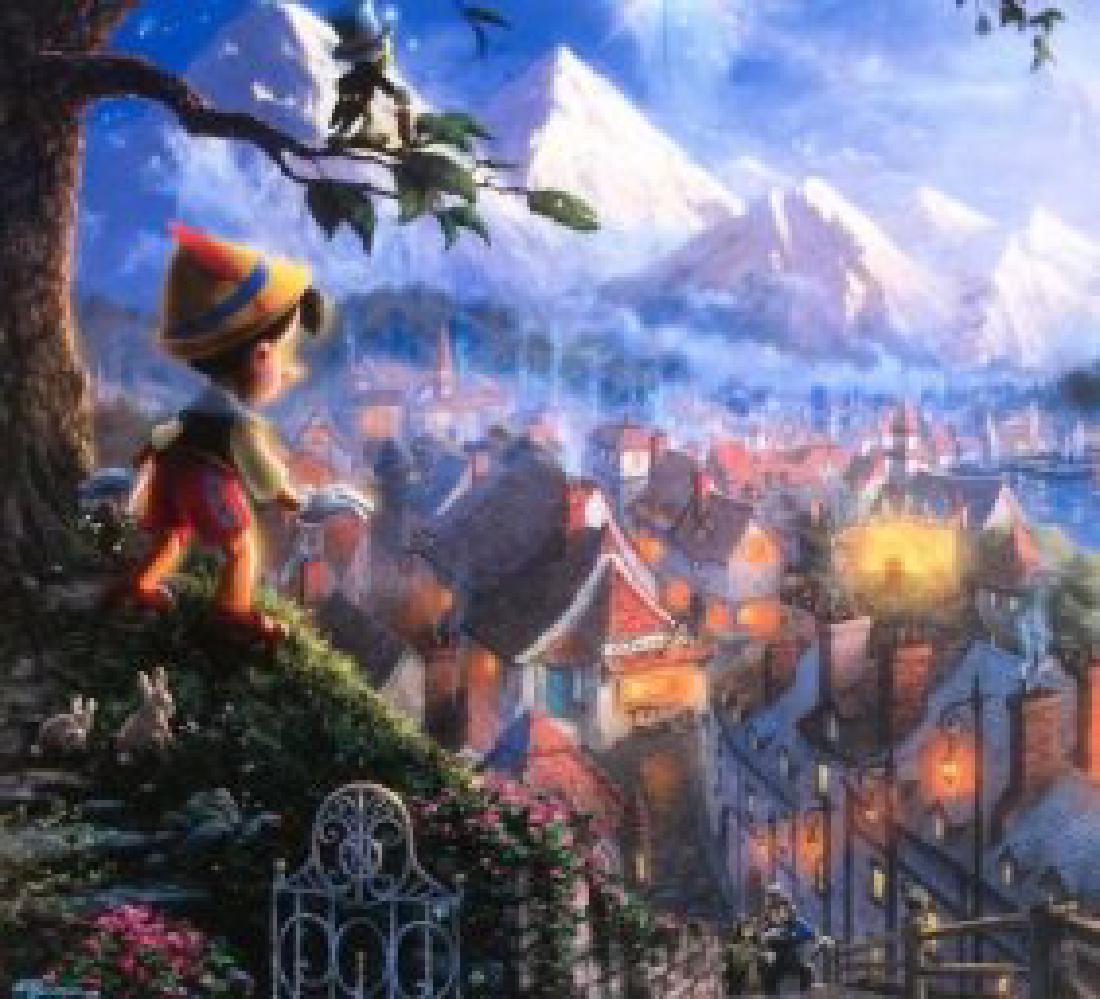 Kinkade Lithograph Disney - Pinocchio: THOMAS KINKADE- DISNEY- PINOCCHIO Edition size: 10.5 x 12 inches Print Type: Offset Lithograph Subject: Disney Style: Impressionism The Print comes with Free acid Mat Backing! Thomas Kinkade known as