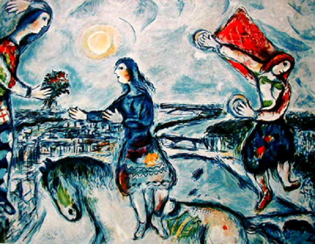 Marc Chagall LOVERS OVER PARIS Ltd Ed. Lithograph: This is a Marc Chagall lithograph titled "LOVERS OVER PARIS". This is facsimile signed and pencil numbered from a limited edition of 500. Image measures 34" x 25" paper. Printed on high quality archiv