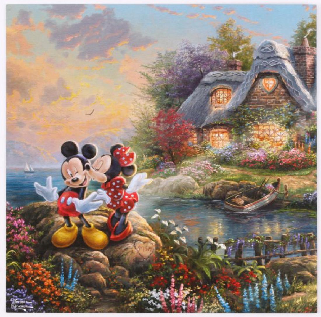 Kinkade Print Disney Mickey & Minnie - Sweetheart Cove: Edition size: 10.5 x 12 inches . Print Type: Offset Lithograph .Subject: Disney .Style: Impressionism The Print comes with Free acid Mat Backing! Thomas Kinkade known as The Painter of Light, lovingly