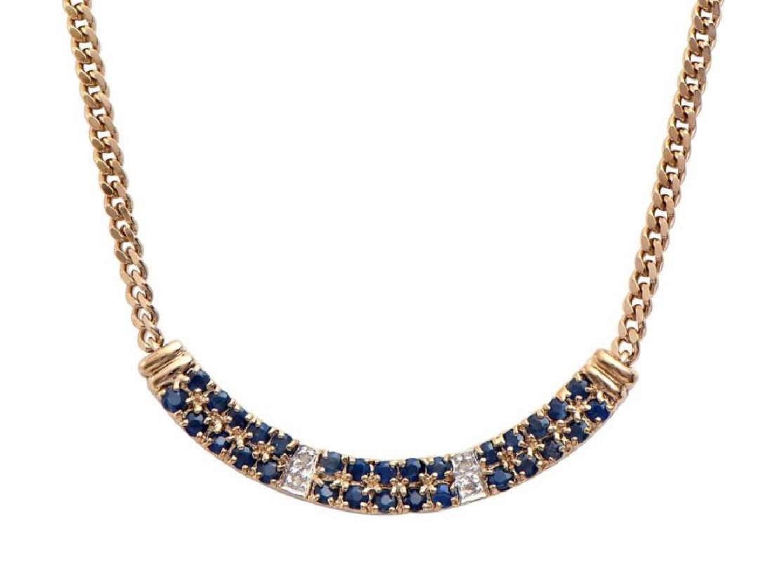 14.89 CT Sapphire & Diamond Designer Necklace MSRP: 30 pieces of GENUINE Sapphires quality AA no treatment. 6 pieces of GENUINE 3X3mm faceted round diamond 0.19 carat Tw. 13.48 grams of silver layered with 18K yellow gold. The necklace length is around