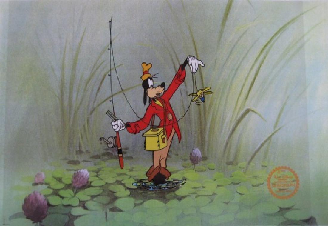 Disney GOOFY HOW TO FISH Original Serigraph Cel: This is a GENUINE Original Limited Edition Serigraph Cel of GOOFY as a Fisherman . From Walt Disney Studios. Disney’s own artists have selected this scene from the ORIGINAL animation drawings used t