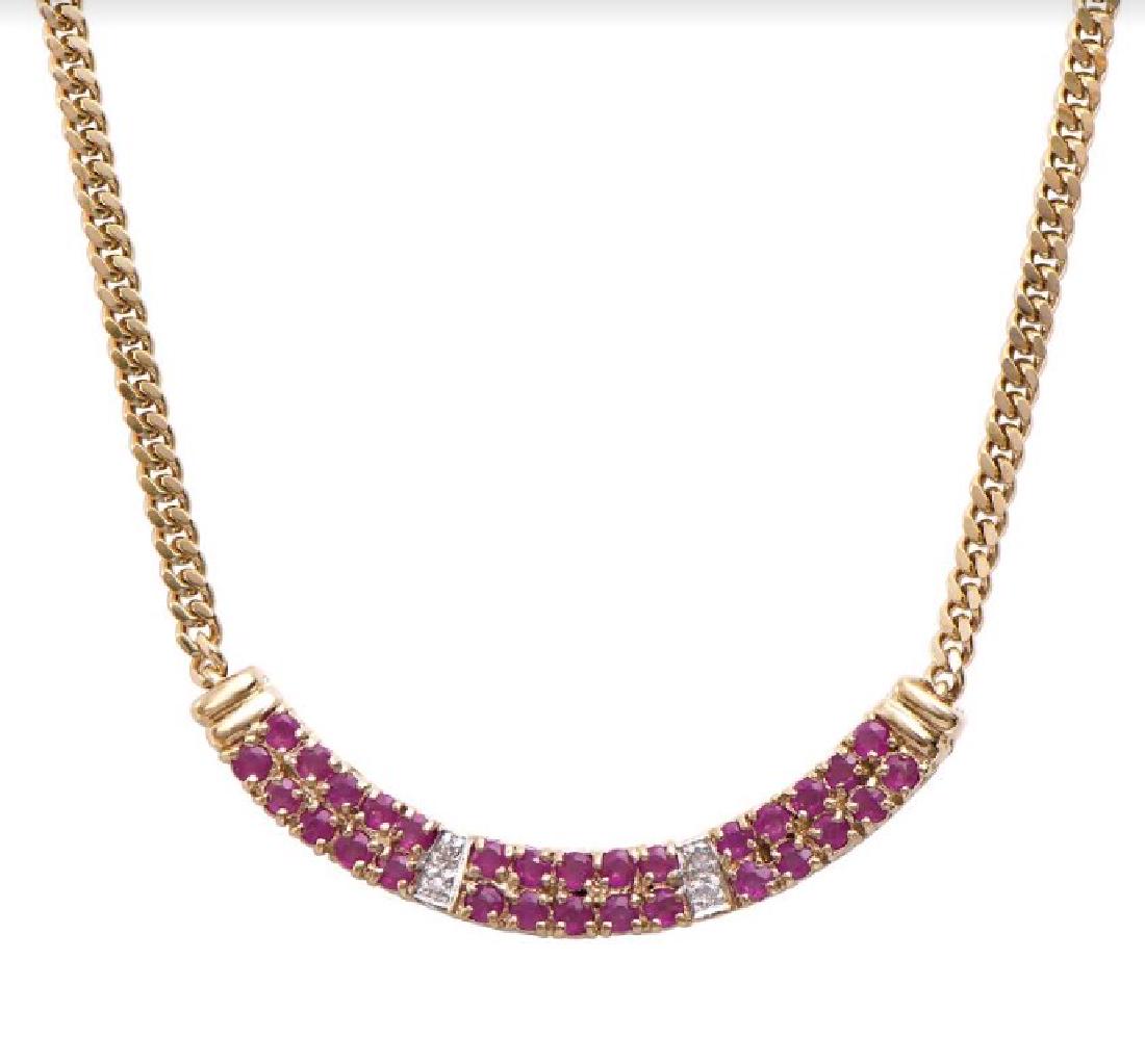 14.89 CT Ruby & Diamond Designer Necklace MSRP $1,465: 30 pieces of GENUINE Rubies quality AA no treatment. 6 pieces of GENUINE 3X3mm faceted round diamond 0.19 carat Tw. 13.48 grams of silver layered with 18K yellow gold. The necklace length is around 18