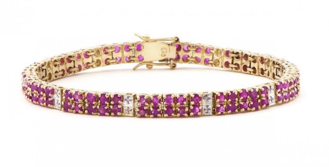 17.69 CT Ruby & Diamond Designer Bracelet $2,220: 108 pieces of GENUINE 2X3mm oval Black Sapphires quality AAA no treatment. 24 pieces of GENUINE single cut diamonds, 0.24 carat Tw. 12.01 grams of silver layered with 18K yellow gold. The length is ar