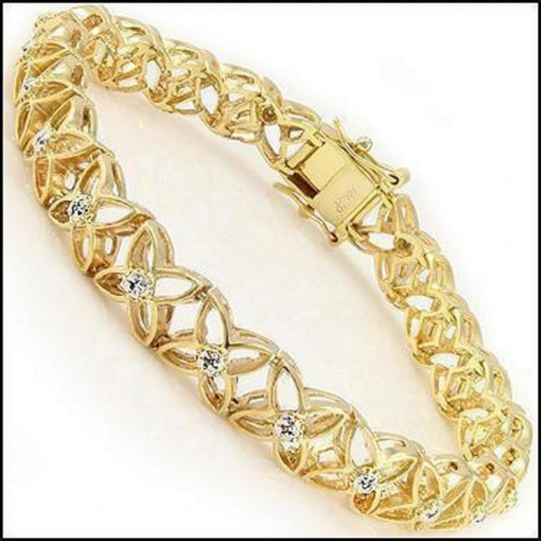 0.74 CTW Diamond Designer Bracelet: Master jewelers designed your bracelet with: 11 Single cut round diamonds 1mm quality I1-I2 . no treatment, 11.32 grams of sterling silver layered with 18K yellow Gold. Length is 7 1/2 inches. The wid