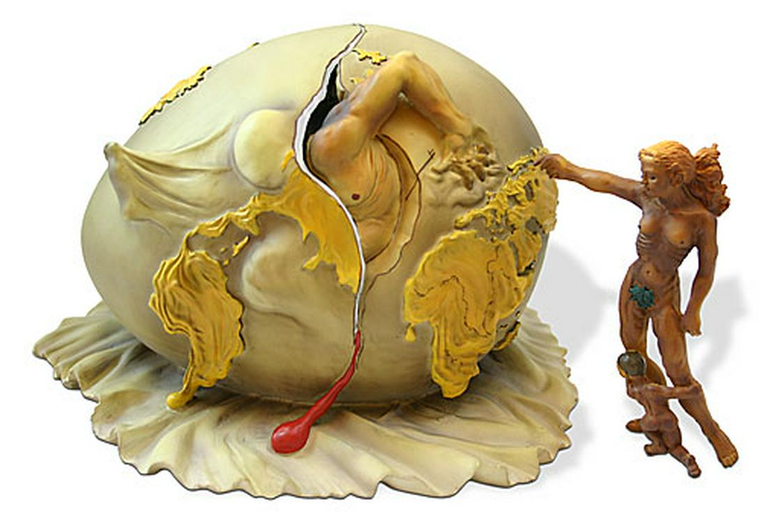 Dali GEOPOLITICAL CHILD AND NEW HUMAN: This is a sculpture entitled "GEOPOLITICAL CHILD WATCHES THE BIRTH OF THE NEW HUMAN" (1943) by Salvador Dali. This is a highly collectible, quality, resin sculpture with hand-painted color details, ma