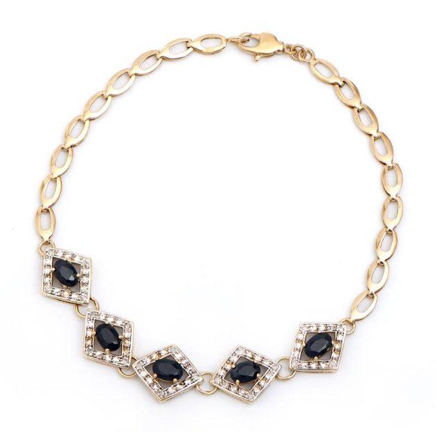 7.76 CT Black Sapphire Diamond Designer Bracelet $1,335: 5 pieces of GENUINE 4.2mm oval black sapphires no treatment quality AAA. 20 pieces of GENUINE single cut diamonds no treatment. 9.21 grams of Base Metal layered with 18K yellow gold. The length is aro