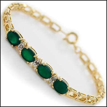 4.09 Ct Green Agate & Diamond Designer Bracelet: Master jewelers designed your bracelet with: 4 pieces of GENUINE 3x4mm Oval Green Agate. 3 pieces of GENUINE single cut diamonds, 0.06 carat tw. 7.82 grams of Base Metal layered with 18K yellow gold. 