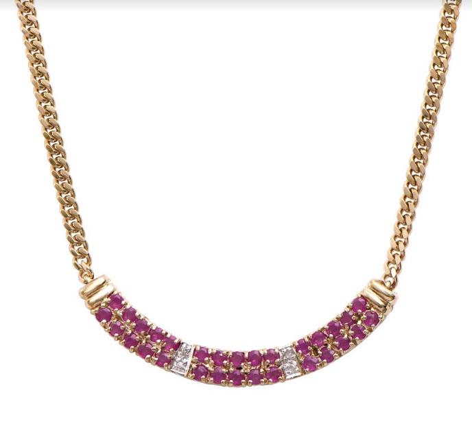 2.28 CT Ruby & Diamond Designer Necklace $1,650: 30 pieces of GENUINE Rubies quality AA no treatment. 6 pieces of GENUINE 3X3mm faceted round diamond 0.03 carat Tw. 9.48 grams of brass layered with 18K yellow gold. The necklace length is around 18 i