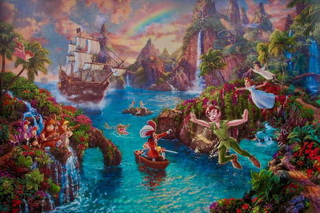 THOMAS KINKADE Peter Pan & Captain Hook in Neverland: This is a reproduction giclee on canvas by Thomas Kinkade titled Â“Peter Pan and Captain Hook in NeverlandÂ”Measures: 12? x 18?. Beautiful rich colors!Comes unframed, un-stretched. Excellent