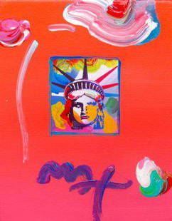 Max LIBERTY HEAD Hand Signed Original Mixed Media: This is a Peter Max hand signed mixed media titled "LIBERTY HEAD II". This piece is hand overpainted by Peter Max with a variation color combination of brushstrokes of his original artwork and hand