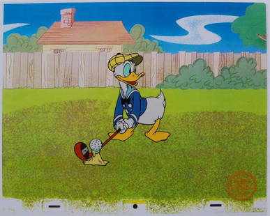 Disney DONALD DUCK Playing Golf Original Serigraph Cel: This is a GENUINE Original Limited Edition Serigraph Cel of DONALD DUCK . From Walt Disney Studios. Disney’s own artists have selected this scene from the ORIGINAL animation drawings used to