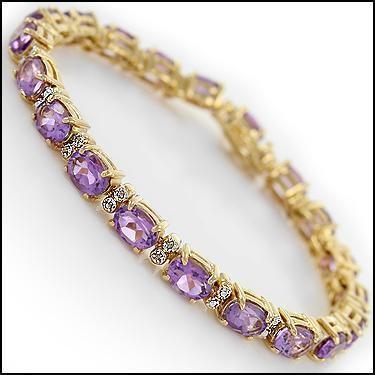 9.08 Cts Amethyst & Diamond 18KGP Designer Bracelet: 20 pieces of GENUINE 6 X 4mm faceted Amethysts. 4 pieces of GENUINE 1.1mm faceted round diamonds, Color: I-J & Clarity: I2-I3 No treatment.11.42 grams of brass layered with 18K yellow gold.The bracele