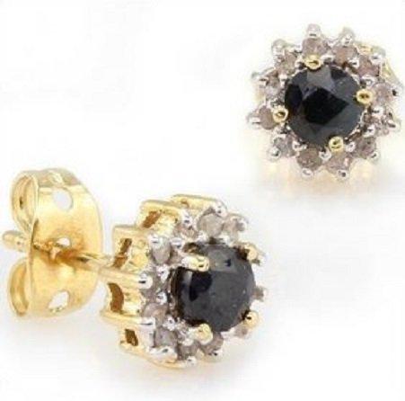 0.64 Cts Sapphire & Diamond Designer Earrings $775: 2 pieces of 4mm rounds Black Sapphires quality AAA no treatment. 24 pieces of GENUINE single cut diamonds 0.21 carat, I-J color & I2-I3 Clarity no treatment. 1.25 grams of brass layered with 18K yello