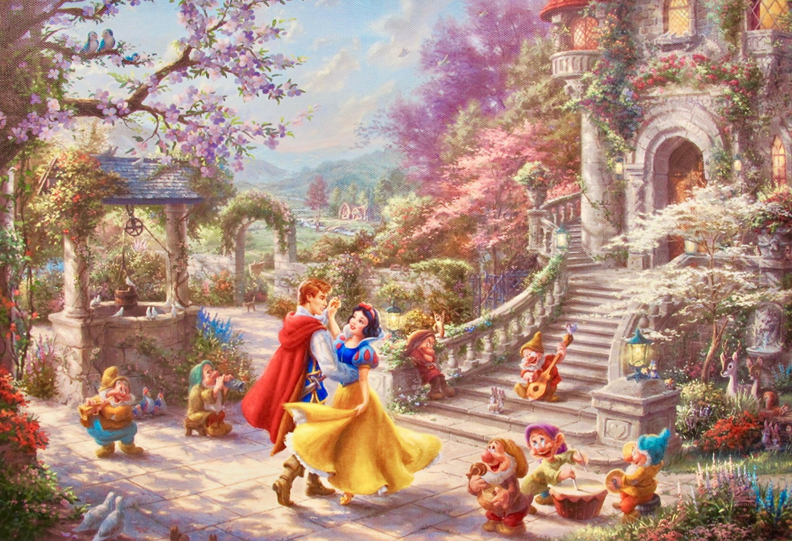 THOMAS KINKADE SNOW WHITE & THE SEVEN DWARFS Giclee on: This is a reproduction giclee on canvas by Thomas Kinkade titled “Snow White”Measures: 18? x 12?. Beautiful rich colors!Comes unframed, un-stretched. Excellent condition!