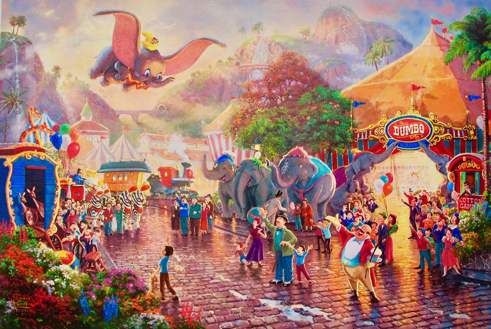 THOMAS KINKADE Dumbo Giclee on Canvas: This is a reproduction giclee on canvas by Thomas Kinkade titled “Dumbo”Measures: 12? x 16?. Beautiful rich colors!Comes unframed, un-stretched. Excellent condition!