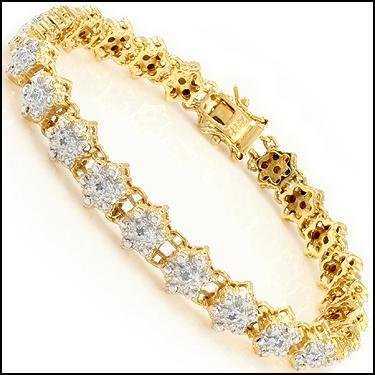 0.88 CT Diamond Designer Bracelet MSRP $1,625: 23 Single cut round diamonds Color: I & Clarity: SI2 No treatment. 11.35 grams of Base Metal layered with 18K yellow Gold. Length is 7 1/2 inches. The width is 1/4 inches.