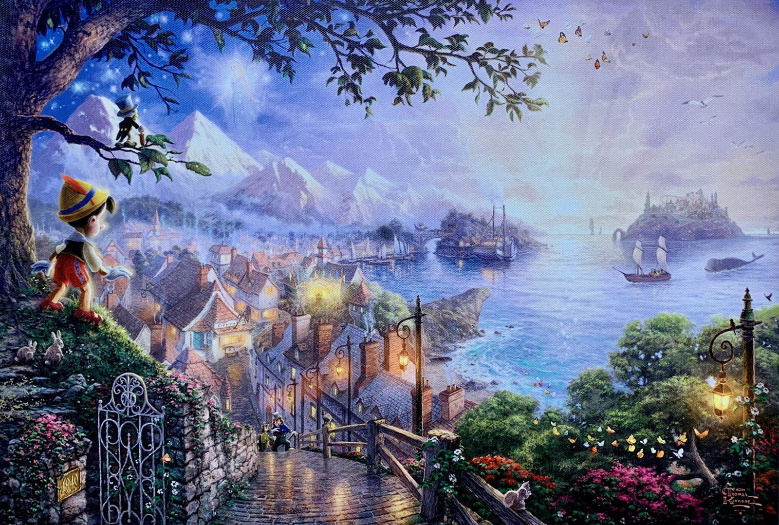 THOMAS KINKADE Pinocchio Giclee on Canvas: This is a reproduction giclee on canvas by Thomas Kinkade titled “Pinocchio”Measures: 12? x 18?. Beautiful rich colors!Comes unframed, un-stretched. Excellent condition!