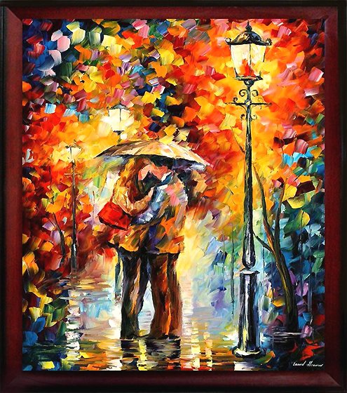 Kiss Under the Rain Limited Edition Hand Embellish: 23" x 19" Framed Giclee/Print Hand Embellished on High Quality Artistic Canvas by Leonid Afremov ,Comes with Certificate of Authenticity