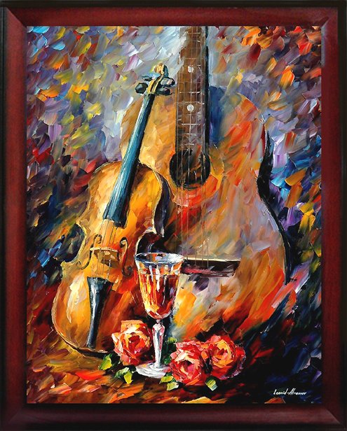 Guitar & Violin Limited Edition Hand Embellished G: 23" x 19" Framed Giclee/Print Hand Embellished on High Quality Artistic Canvas by Leonid Afremov ,Comes with Certificate of Authenticity