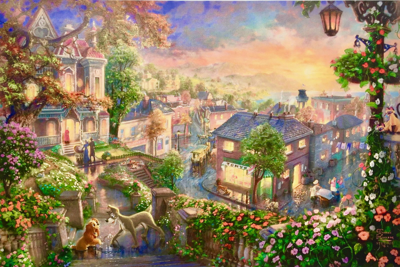 THOMAS KINKADE Lady and the Tramp Plate Signed Giclee: This is a reproduction giclee on canvas by Thomas Kinkade titled “Lady and the Tramp”Signed in the plate. Measures: 12? x 18?.Beautiful rich colors! Comes unframed, un-stretched. In excellent cond