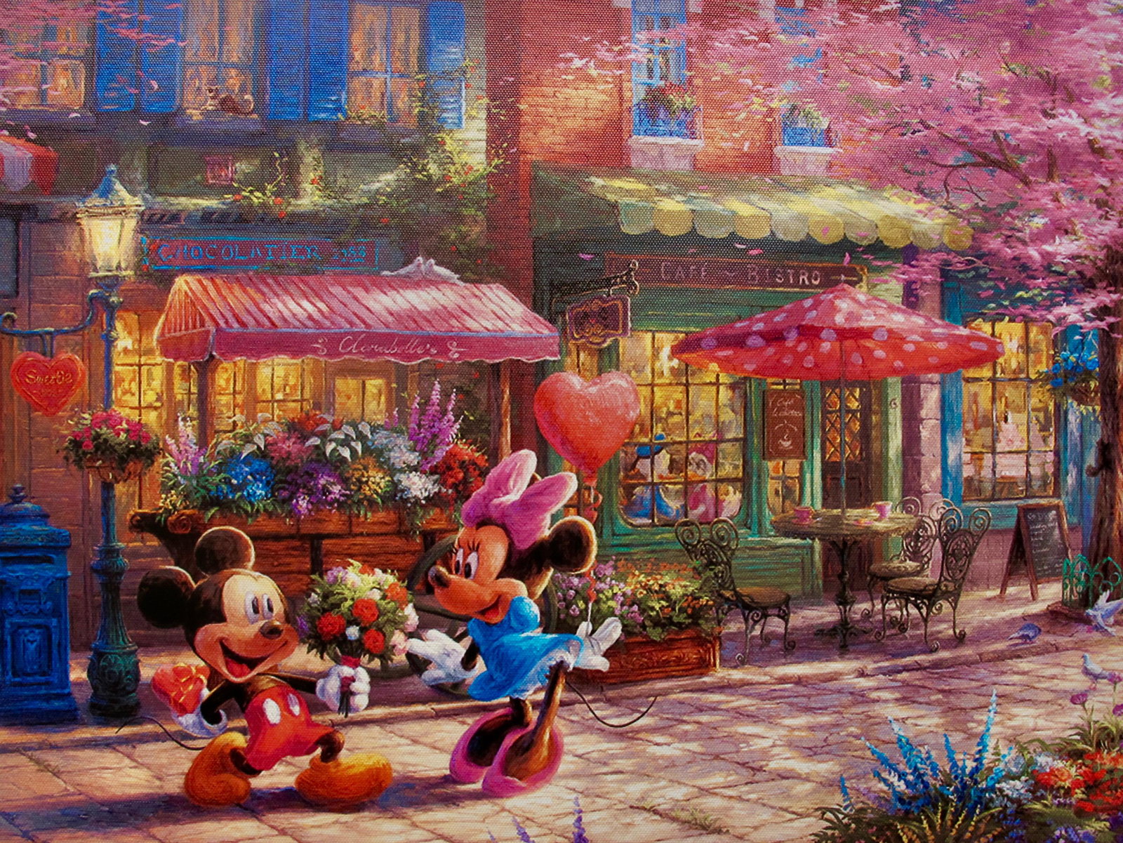 Thomas Kinkade Disney MICKEY MINNIE MOUSE SWEETHEART: This is a reproduction Disney giclee on canvas by Thomas Kinkade titled “Sweetheart Cafe”.This Giclee features Mickey and Minnie Mouse as Lovers.Measures: 12? x 16?. Beautiful rich colors!Comes un
