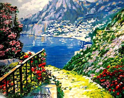 Howard Behrens ROAD TO POSITANO: This is a Howard Behrens limited edition original hand signed serigraph titled "ROAD TO POSITANO". Hand Signed and Numbered by the artist. Numbered from a edition size of 350. Medium is Serigraph on P
