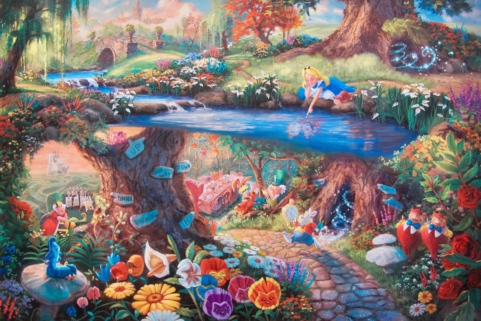 THOMAS KINKADE Alice in Wonderland Giclee on Canvas: This is a reproduction giclee on canvas by Thomas Kinkade titled “Alice in Wonderland”Measures: 12? x 18?. Beautiful rich colors!Comes unframed, un-stretched. Excellent condition!