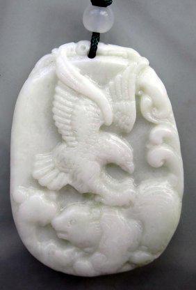 Chinese Jade Hawk Eagle Bear Pendant: Size: 45mm x 32mm This is a beautiful chinse jade pendant carved with spirit totem "Hawk Eagle & Bear". Brave hawk eagle and bear symbolize power, agility and speed. Free silk cord to make necklace. F