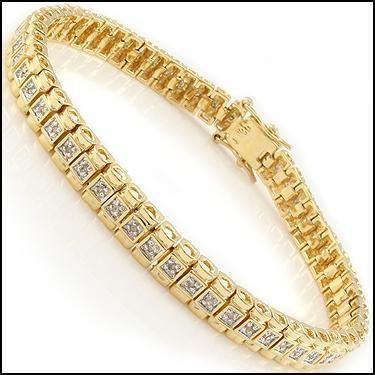 0.58 Cts Diamond 18KGP Designer Bracelet: 58 Single cut 1.2mm rounds diamonds Color: I-J & Clarity:I2-I3 No treatment. PRJEWELRYENDS14.75 grams of brass layered with 18K yellow Gold.Length is 7 1/2 inches.The width is 1/4 inches.