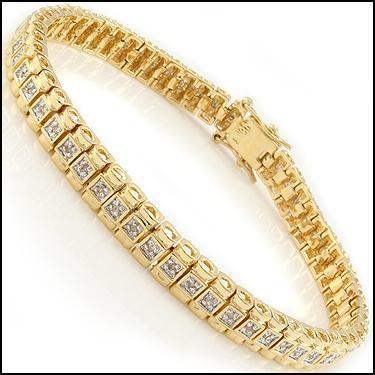 0.58 Cts Diamond 18KGP Designer Bracelet: 58 Single cut 1.2mm rounds diamonds Color: I-J & Clarity:I2-I3 No treatment. PRJEWELRYENDS14.75 grams of brass layered with 18K yellow Gold.Length is 7 1/2 inches.The width is 1/4 inches.