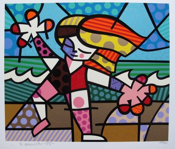 Romero Britto GOLDEN BEACHES Hand Signed: This is an original hand signed mixed media print titled "Golden Beaches" by famed Brazilian artist Romero Britto. Image measures: 19" x 16". Paper measures: 23.5" x 21" Hand signed and numbered by th