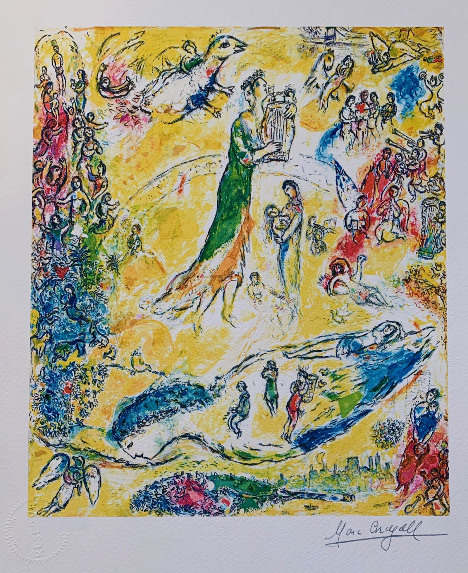 Chagall SORCERER OF MUSIC Limited Edition Signed Giclee: This is a Marc Chagall limited edition small giclee titled “THE SORCERER OF MUSIC”.This giclee is facsimile signed on the lower right and is pencil numbered on the lower left from an edition of 37