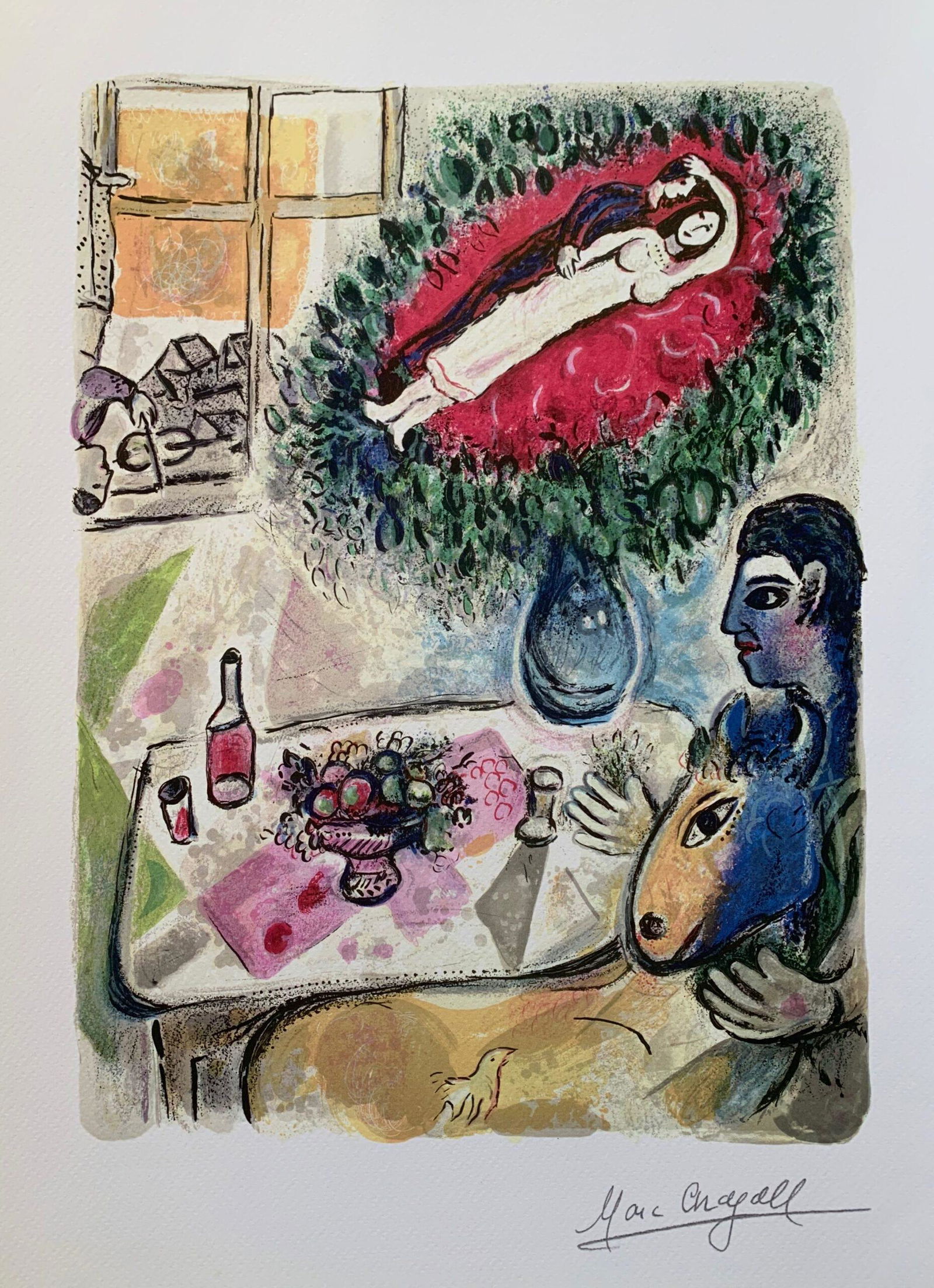 Chagall REVERIE Limited Edition Signed Small Giclee: This is a Marc Chagall limited edition small giclee titled “REVERIE”.This giclee is facsimile signed on the lower right and is pencil numbered on the lower left from an edition of 375. Paper measu
